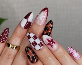 Burgundy Mix Match Press on Nails, Star Tortoise Shell Checkerboard False Nails