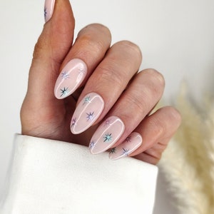 Press on Nails, Pastel Aura Chrome Star, Pink Blue Lilac Purple, Almond Coffin Stiletto Square, Long Short, Spring False Nails, Custom
