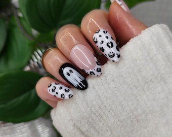 Ghost Leopard Press on Nails, Halloween Animal Print French Tip False Nail