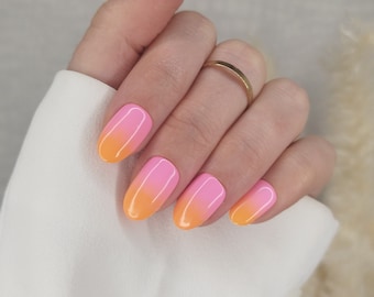 Press on Nails, Ombre Pink Orange, Almond Coffin, Long Short Gloss Matt, False Nails, French Tip Frenchy, Hot Pink, Gradient Blend, Tropical