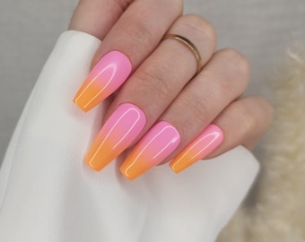 Press on Nails, Ombre Pink Orange, Almond Coffin, Long Short Gloss Matt, False Nails, French Tip Frenchy, Hot Pink, Gradient Blend, Tropical