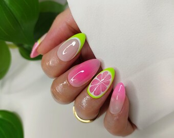 Grapefruit Pink Green Press on Nails, Lime Hot Pink Fruit French Tip False Nail