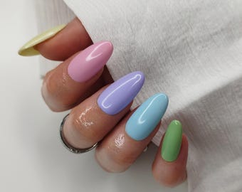 Pastel Gradient Multi Colour Press on Nails - Yellow Blue Pink Purple Green Glue on Nails