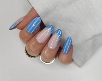 Blue Stripe Press On Nails, Stripey Summer French Tip False Nails