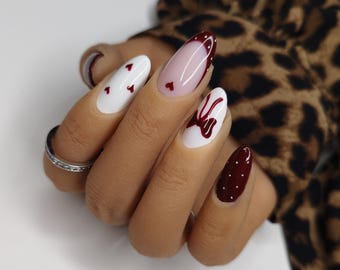 Dark Cherry Red Valentines Heart & Polka Dot Mix Match Press on Nails