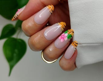 Tiger Hisbiscus Tropical Flower French Tip Press on Nails