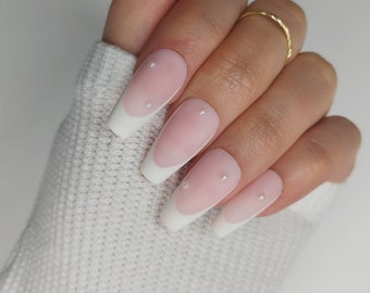 Pearl Press on Nails, White French Tip, Pearlescent Gem Nails, Stiletto Coffin Square Almond Nails, Glue on Nails, Fake False Nails
