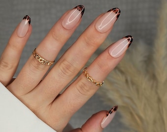 Presse sur les ongles | Écaille de tortue à pointe française | Luxe nu | Stiletto ovale cercueil carré amande | Set de colle pour faux ongles | Écaille animale