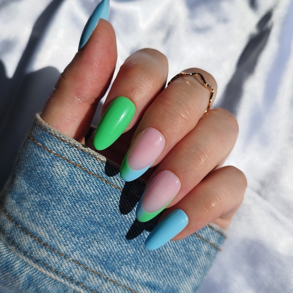 Press on Nails, Ombre Blue Green French Tip,  Frenchies Almond Coffin Stiletto Square, Summer Bright, Y2K 90s, Blend Gradient Funky