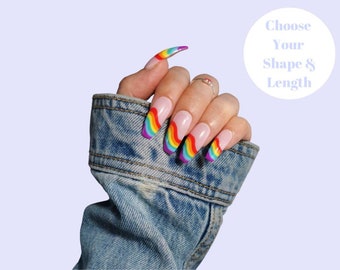 Rainbow Swirl Press on False Nails - *FREE ITEMS* - Almond Coffin Stiletto Square - Long Short Gloss Matt - UK Gift Her - multi colour pride