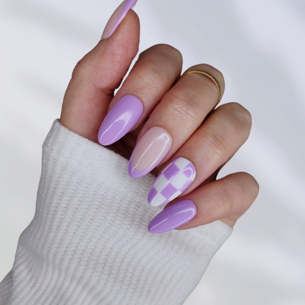 Press on Nails, Purple Checkerboard False Nails, Almond Coffin, Checkered Check Pastel, French Tip, Gingham Summer Spring, Long Short