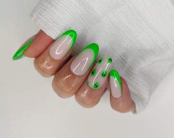 Bright Green Alien Press On Nails, French Tip False Nail