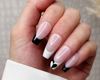 Press on Nails, White Black Heart French Tip, Valentines, Almond Coffin Square Stiletto, Long short Reusable false nails, UK, Monochrome