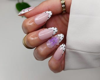 3D flower & Polka Dot Press on Nails, White Black Dotty Petal French Tip False Nail