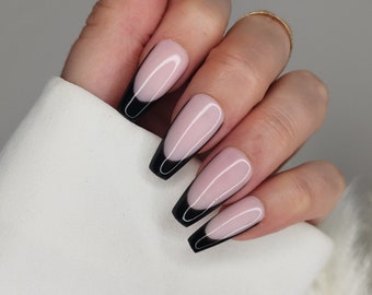 Black French Tip, Press on Nails, Custom Handmade, Almond Coffin Stiletto Square, Spooky Season, Autumn Fall False Nails, Monochrome Classic