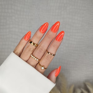 Press on False Nails, Neon Orange, Bright Summer, Almond Coffin Stiletto Square, Long Short Gloss Matt, Full Cover, Custom Handmade