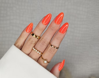 Press on False Nails, Neon Orange, Bright Summer, Almond Coffin Stiletto Square, Long Short Gloss Matt, Full Cover, Custom Handmade