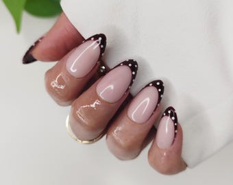 Polka Dot Burgundy Press on Nails, Dark Red French Tip False Nails
