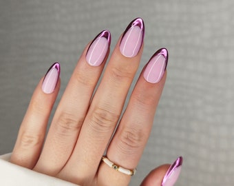 Press on Nails, Pink Chrome French Tip, Metal Metallic Glitter, Custom Handmade, Almond Coffin Stiletto Square, Long Short Gloss Matte