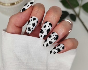 Black and White Cow Press on Nails - Custom Western False Nails