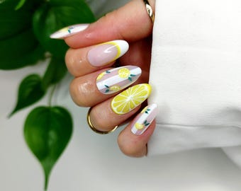 Lemon Press on Nails, Yellow Fruit Stripe 3D French Tip False Nails