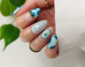 Blue Flower & Crocodile Print Press on Nails, Gold Chrome Star Aqua French Tip False Nail