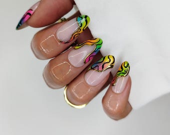 Neon Press on Nails, Tie Dye Gold Chrome Swirl French Tip