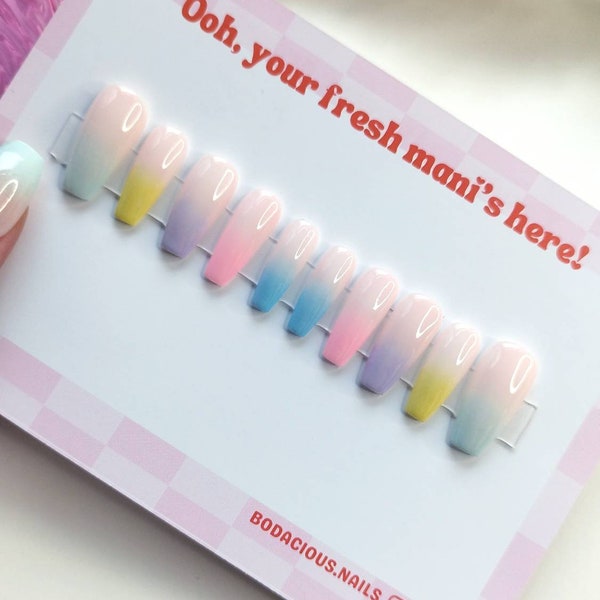 Press on Nails, Pastel Ombre Gradient French Tip, Almond Coffin, Long Short, UK False Nails, Pink blue purple yellow, Easter Spring