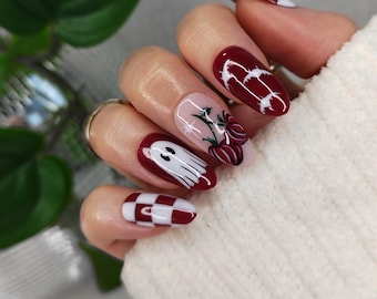 Dark Cherry Red Halloween Press on Nails, Ghost Bat Burgundy Pumpkin Checkerboard Nails
