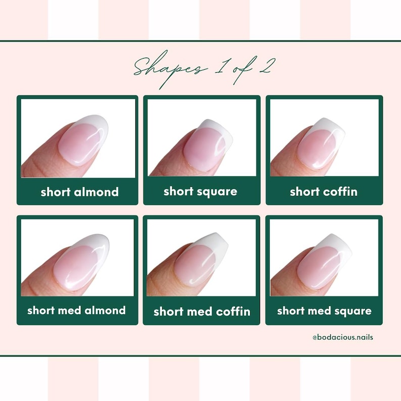 May include: A guide to nail shapes, featuring six examples: short almond, short square, short coffin, short med almond, short med coffin, and short med square. Each nail has a white tip and a pink base. The text "Shapes 1 of 2" is at the top.