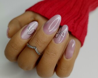 Pink Cat Eye Valentines Silver Chrome Heart Press on Nails