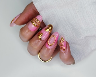 Gold Chrome 3D Press on Nails, Pink Aura Chunky Gold Bangle False Nails