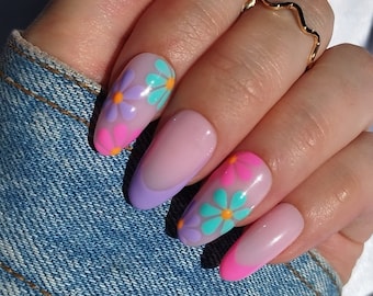 Press on Nails, Flowers French Tip, Frenchies Almond Coffin Stiletto Square, Summer Bright, Y2K 90s, Funky Flower, Purple Blue Orange Pink