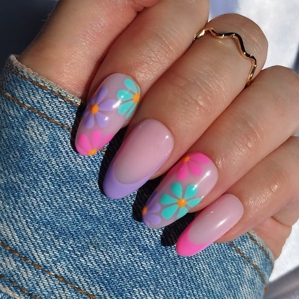 Press on Nails, Flowers French Tip, Frenchies Almond Coffin Stiletto Square, Summer Bright, Y2K 90s, Funky Flower, Purple Blue Orange Pink