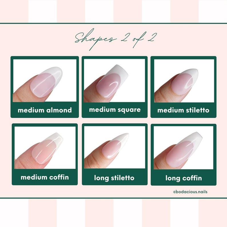 May include: Image showcasing six different nail shapes: medium almond, medium square, medium stiletto, medium coffin, long stiletto, and long coffin. Each nail has a white tip and a pink base. The text "Shapes 2 of 2" is at the top.