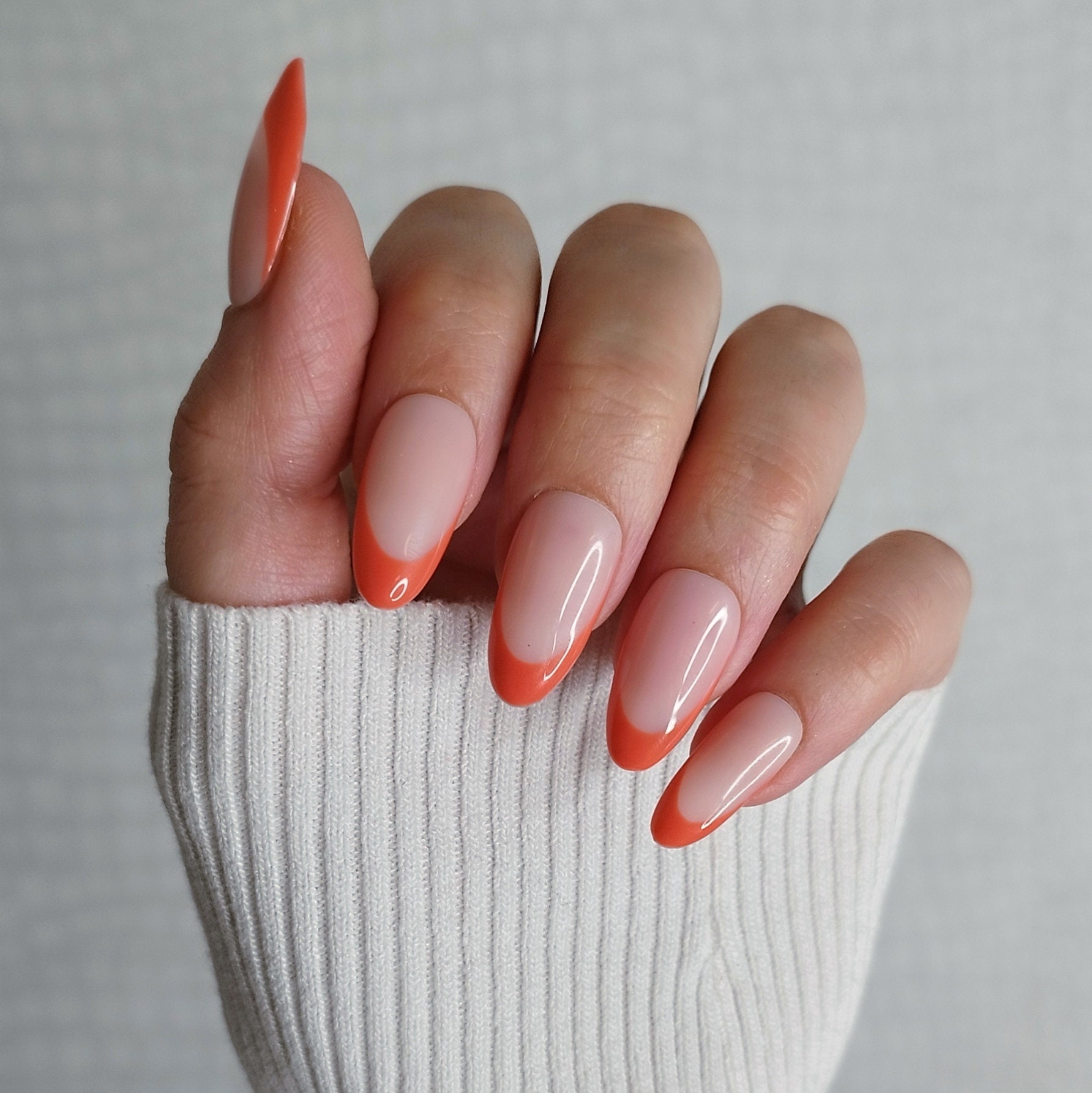 Custom Press on Nails, Burnt Orange French Tip, Almond Coffin