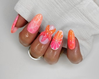 Beach Press on Nails, Pink Orange Starfish Polka Dot 3D False Nails.
