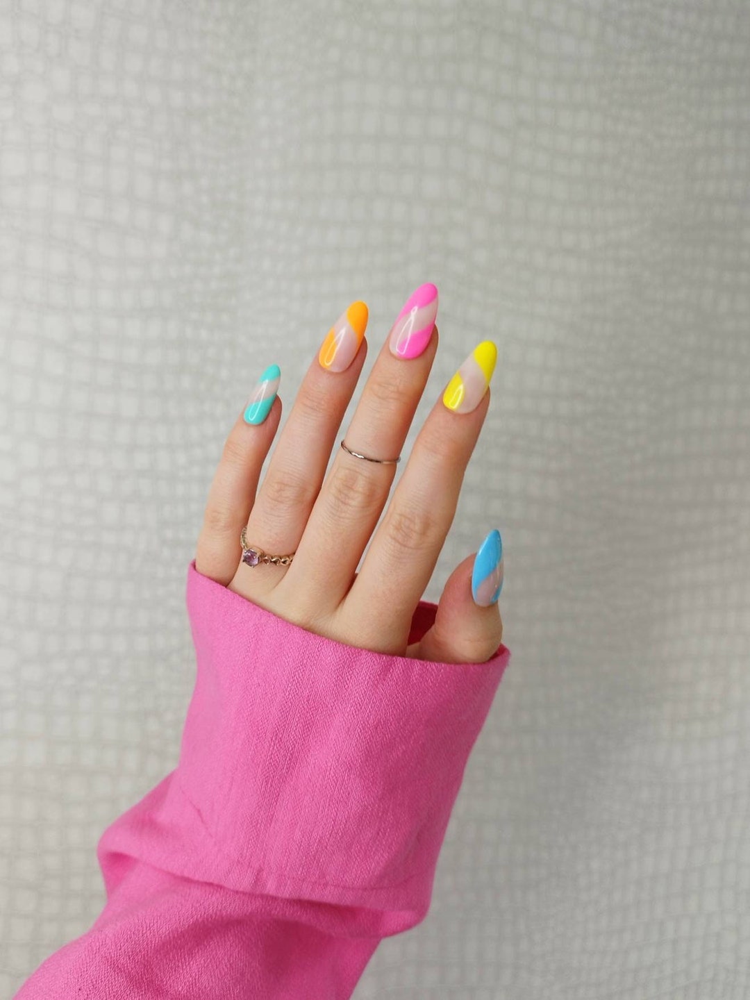 Press on Nails, Rainbow Swirl, Almond Coffin Stiletto Square, Long Short Gloss Matt, Bright