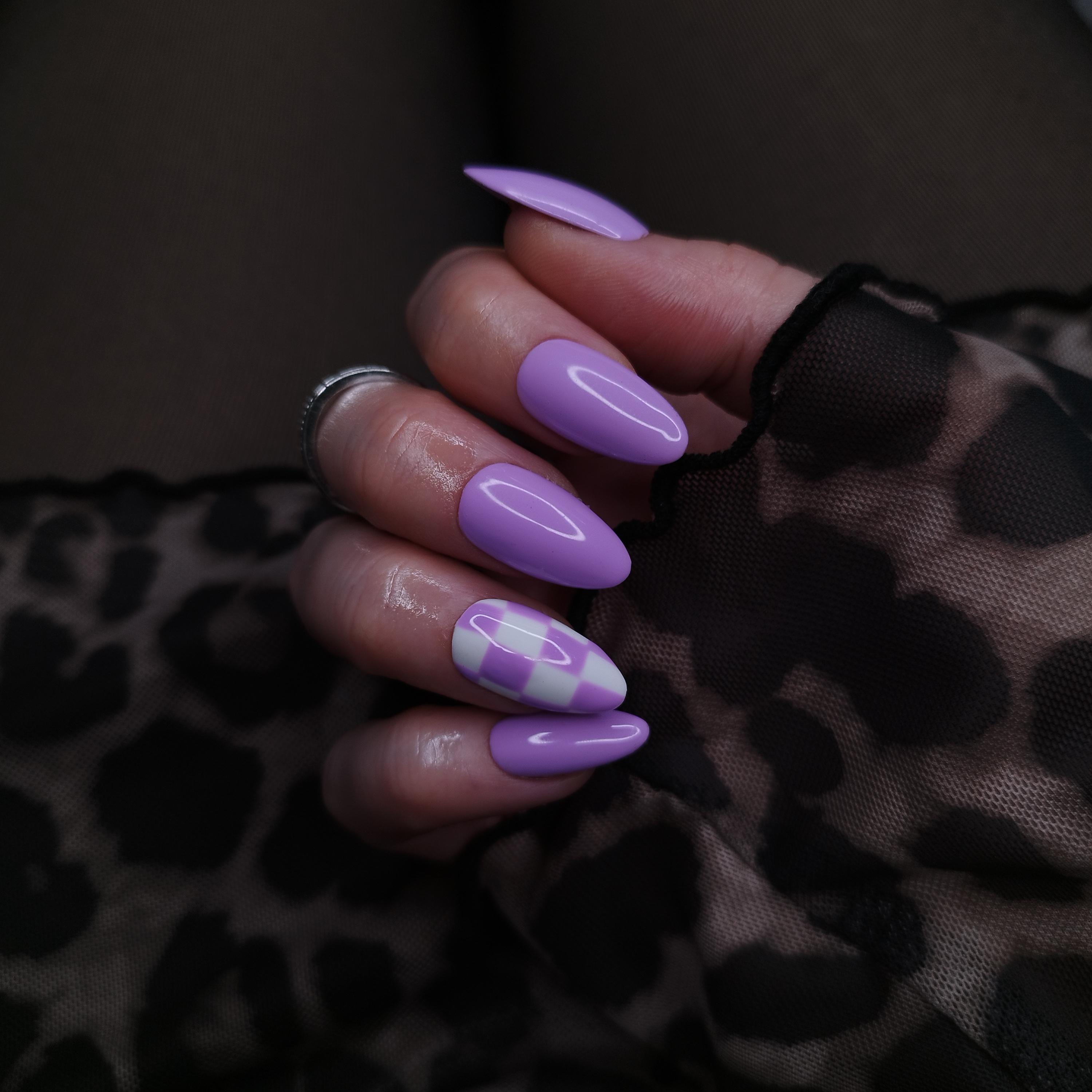 Purple Checkerboard Press on Nails, Checkered Pastel Glue on False 
