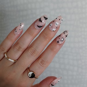 Halloween Press on Nails, Black Français Tip, Ghost Bat Spider Moon, Custom Handmade, Almond Coffin Stiletto Square, Automne Automne Faux Ongles