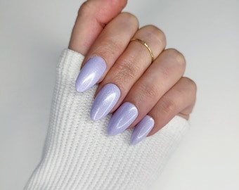 Press on Nails, Purple Glitter, Pastel Lilac Aurora, Shimmer False Nails, Almond Square Coffin Oval Stiletto, UK Fake False Nails Set