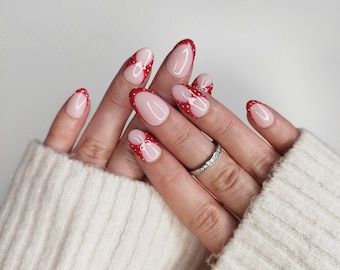 Red Polka Dot Press on Nails, Valentines Heart & Bow False Nail