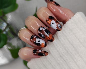 Ghost Tortoise Shell Pumpkin Press on Nails, Halloween Animal Print False Nail