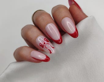 Red & White Bow French Tip Press on Nails - Handmade Custom False Nails