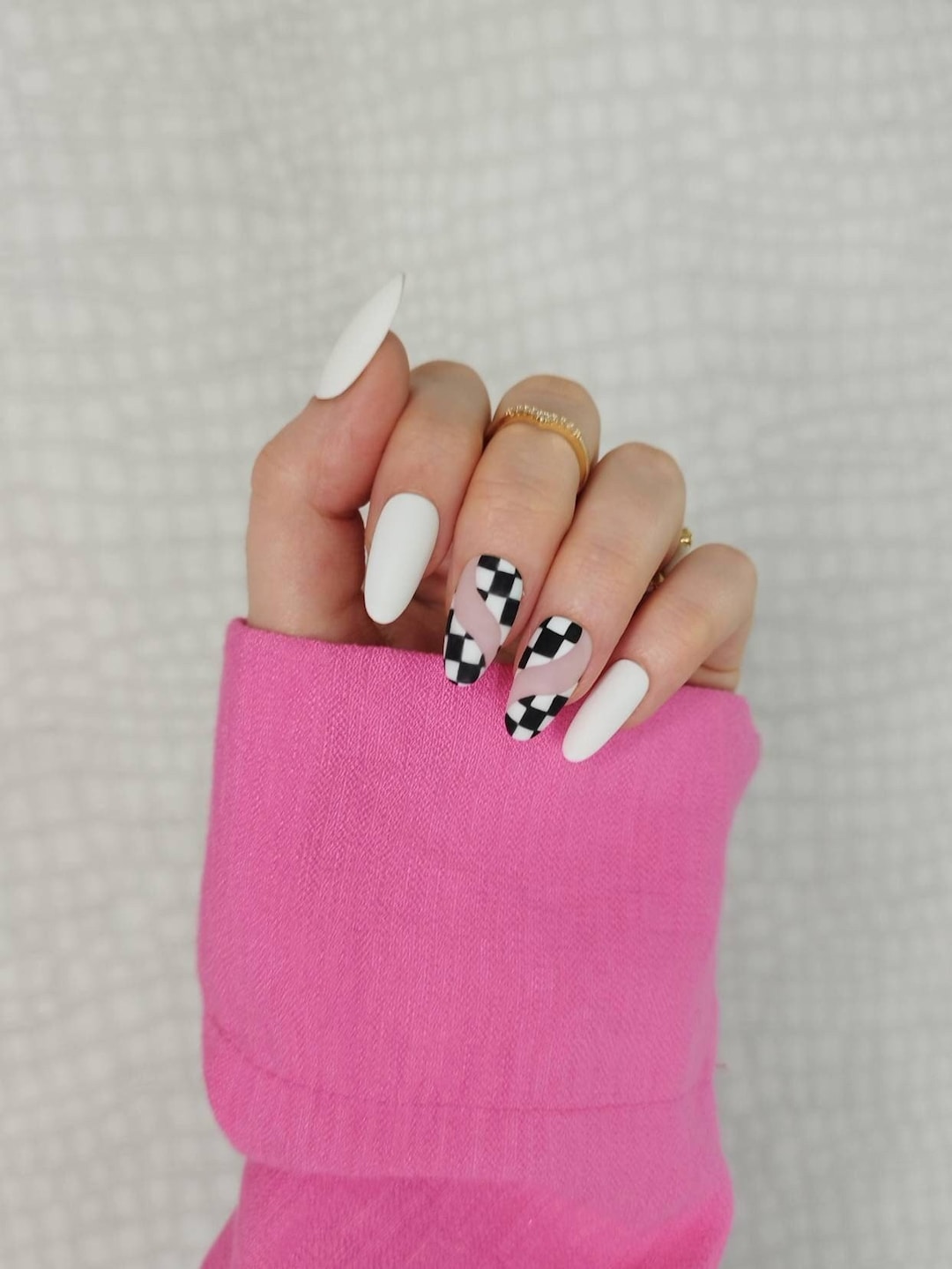 Press on False Nails, Checkerboard Black White, Acrylic, Almond