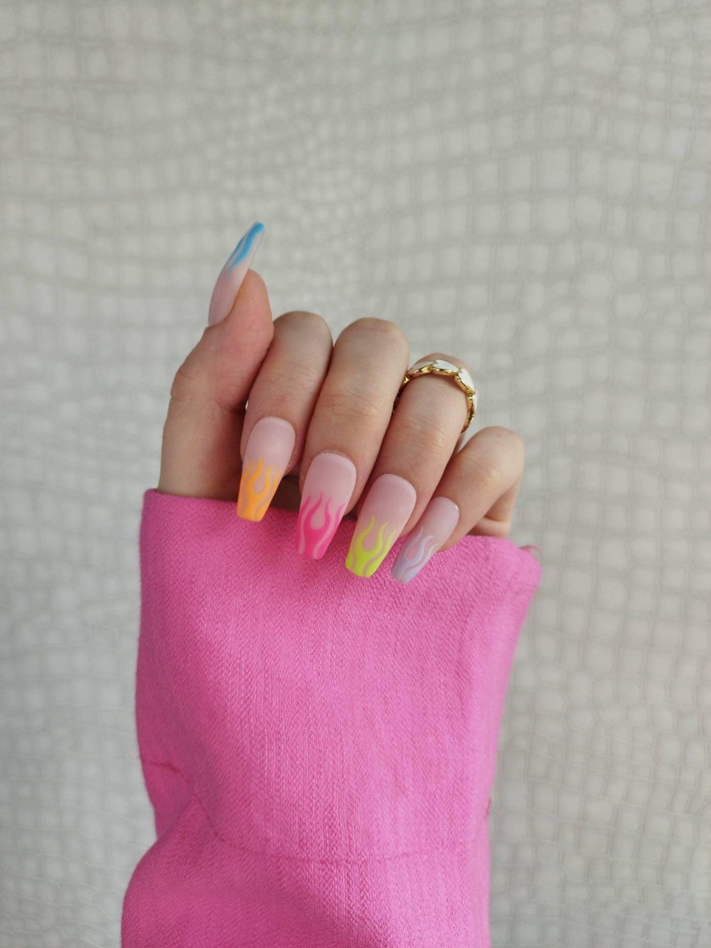 Press on False Nails, Flame Neon Rainbow, Almond Coffin Stiletto Square, Long Short Gloss Matt, Festival Bright Summer, Nude French Tip