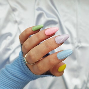 Pastel Gradient Multi Colour Press on Nails - *FREE* Glue & More -  Autumn - Almond Coffin Stiletto Square - Long Short Gel Matte - Gift UK