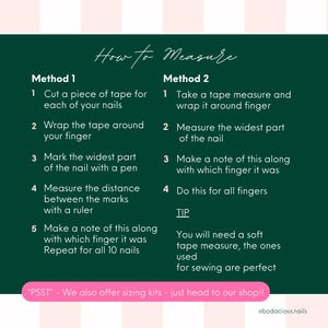 May include: A green and white graphic with instructions on how to measure nails for sizing. The text includes two methods: using tape and a ruler, or a soft tape measure. The image also includes a tip and a shop promotion.