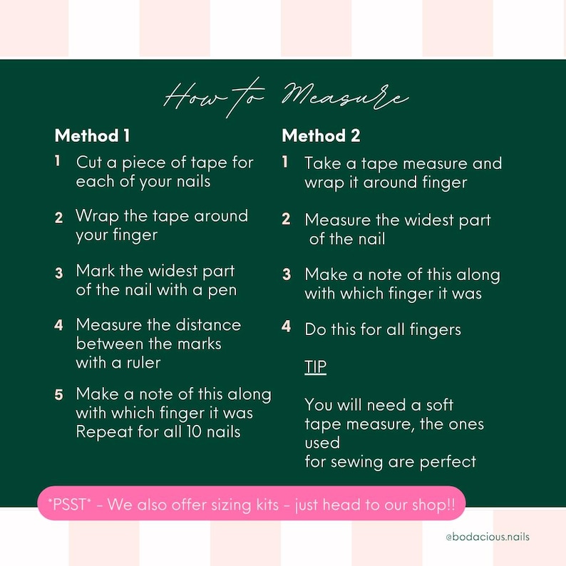 May include: A green and white graphic with instructions on how to measure nails for sizing. The text includes two methods: using tape and a ruler, or a soft tape measure. The image also includes a tip and a shop promotion.