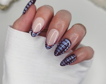 Burgundy Blue Crocodile French Tip Press on Nails
